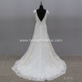 Luxury Modern Flower Pattern Silk Satin Wedding Gown Short Sleeve V Neck Sexy Backless